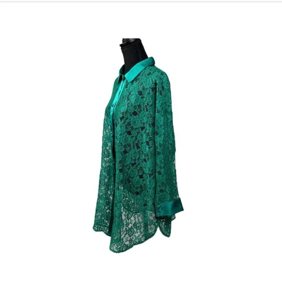 VICTORIA'S SECRET | Vtg GOLD Label Sheer Green Lace Sleep Shirt 80s 90s Sz M/L - Picture 6 of 16